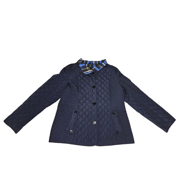 Liz Claiborne Jackets & Blazers - Liz Claiborne‎ Women's Navy Blue Quilted Jacket Plaid Trim Button Front Coat XL